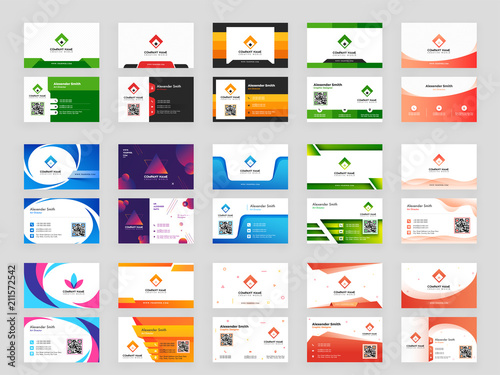 Collection of 15 horizontal Business card template design with front and back presentation.