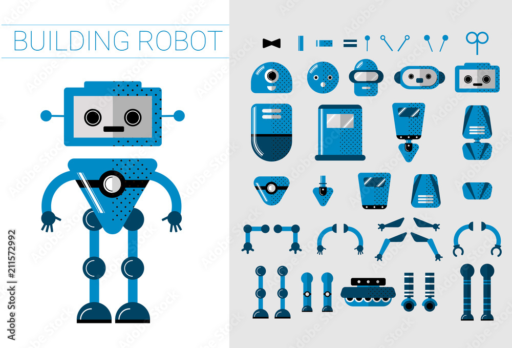 DIY Set of vector robots details in flat cartoon style. Cute Cartoon Robotic  separate parts for creation of Artificial Intelligence Cartoon robots -  Concept Flat Vector Illustration. Head, handsn and Stock Vector