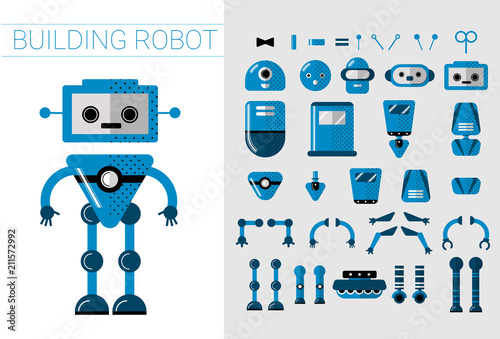 DIY Set of vector robots details in flat cartoon style. Cute Cartoon Robotic separate parts for creation of Artificial Intelligence Cartoon robots - Concept Flat Vector Illustration. Head, handsn and photo