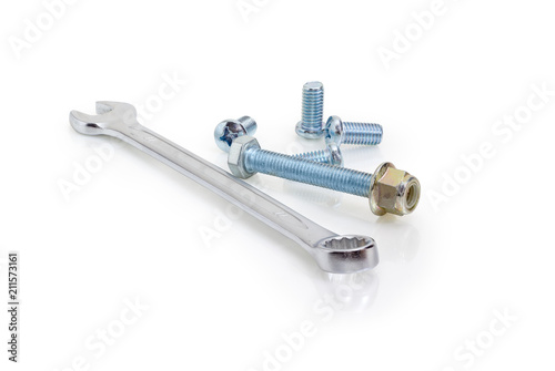 Combination wrench, bolt and nut, screws on a white background