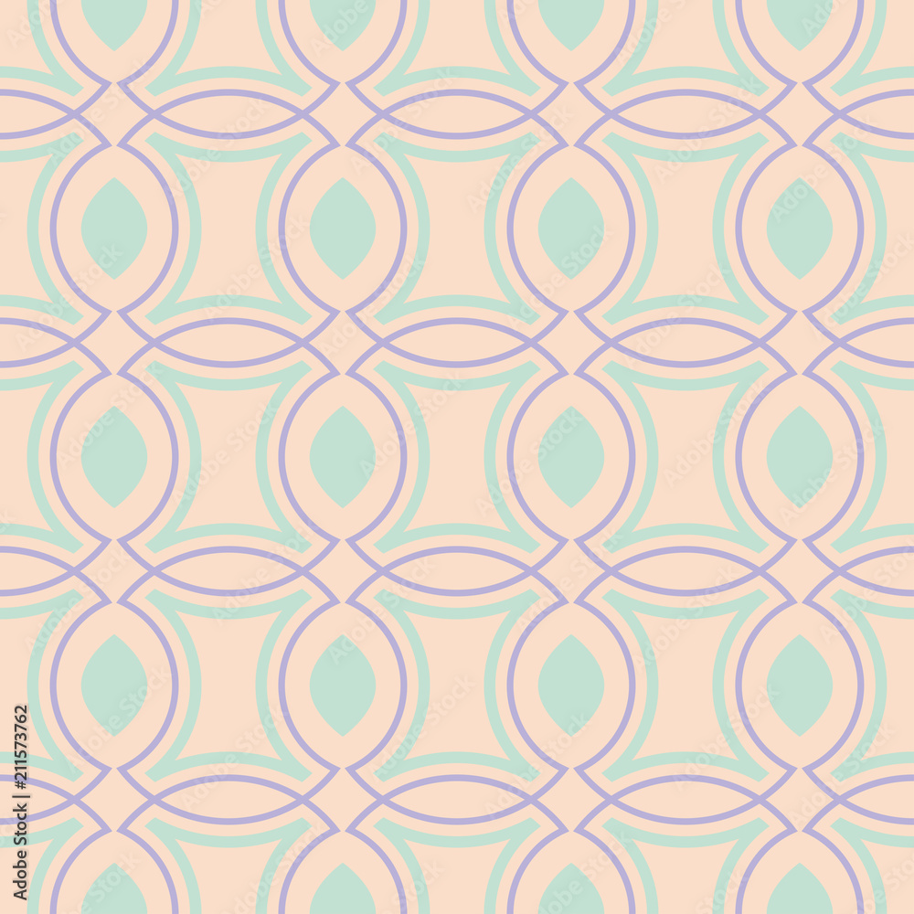 Geometric seamless pattern. Beige background with violet and blue elements