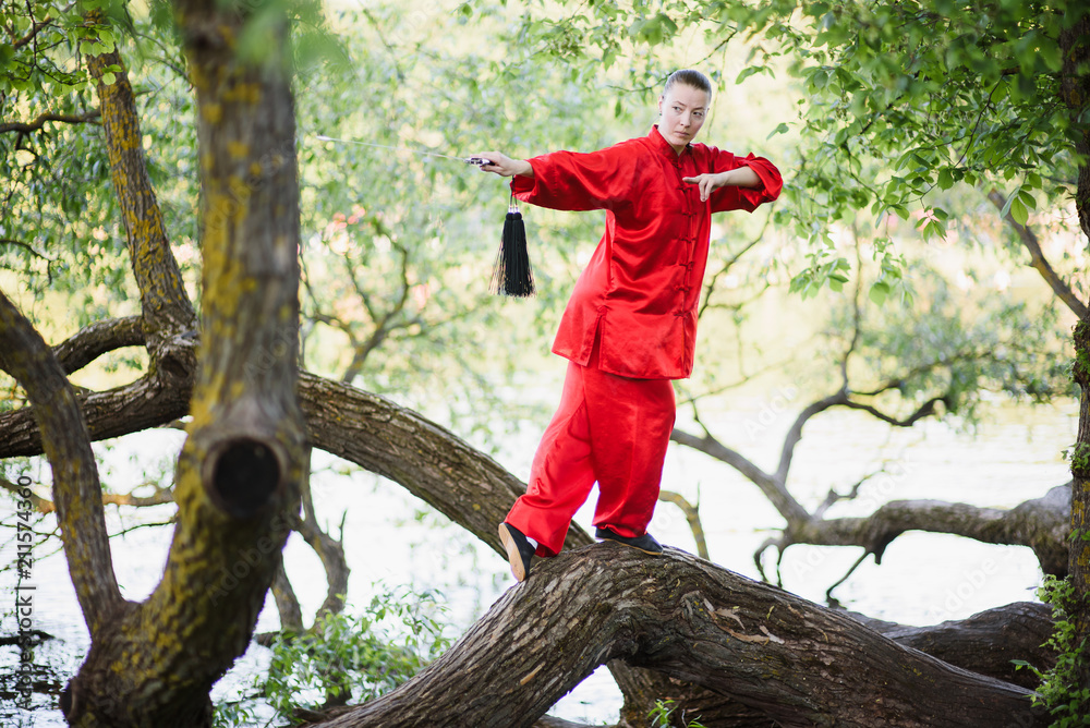 Obraz premium women practicing yoga and tai chi outdoors