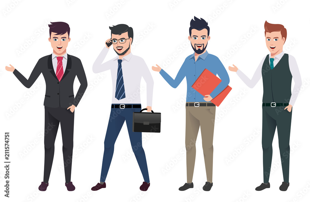 Business man vector characters set with professional male office and sales  person wearing business attire in different gestures and postures. Vector  illustration. Stock Vector | Adobe Stock