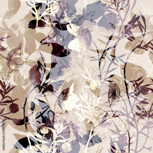 Fototapeta Naklejka Na Ścianę i Meble -  abstract flowers and leaves mix repeat seamless pattern. watercolour and digital hand drawn picture. mixed media artwork. endless texture for textile decor and design