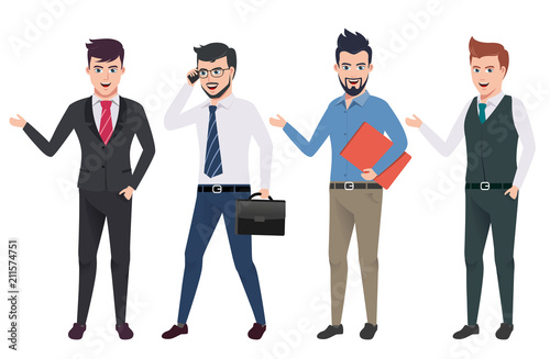 Business man vector characters set with professional male office and sales person wearing business attire in different gestures and postures. Vector illustration.

