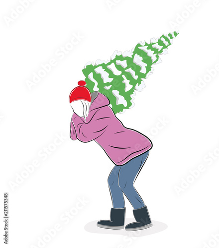 the girl is carrying a New Year tree for the new year and Christmas. vector illustration.