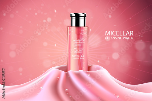 Luxury cosmetic Bottle package skin care cream, Beauty cosmetic product poster, with cotton fabric and Bokeh background