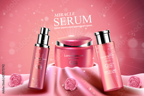 Luxury cosmetic Bottle package skin care cream, Beauty cosmetic product poster, with cotton fabric and Bokeh background