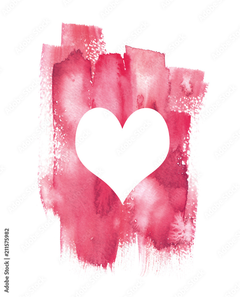 Simple white heart cut out of bright pink brush stroke backdrop. Painted in watercolor on clean white background