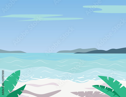 Vector colorful flat style illustration of beautiful beach. Summer sunny day on resort with view in blue water and white sand