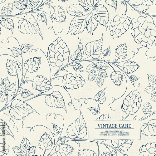 Hop texture illustration in style of engraving. Decorative hops cover design. Vector illustration.