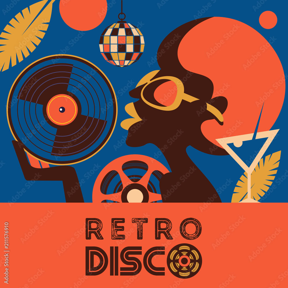 Obraz premium Retro disco party. Colorful vector illustration, poster.