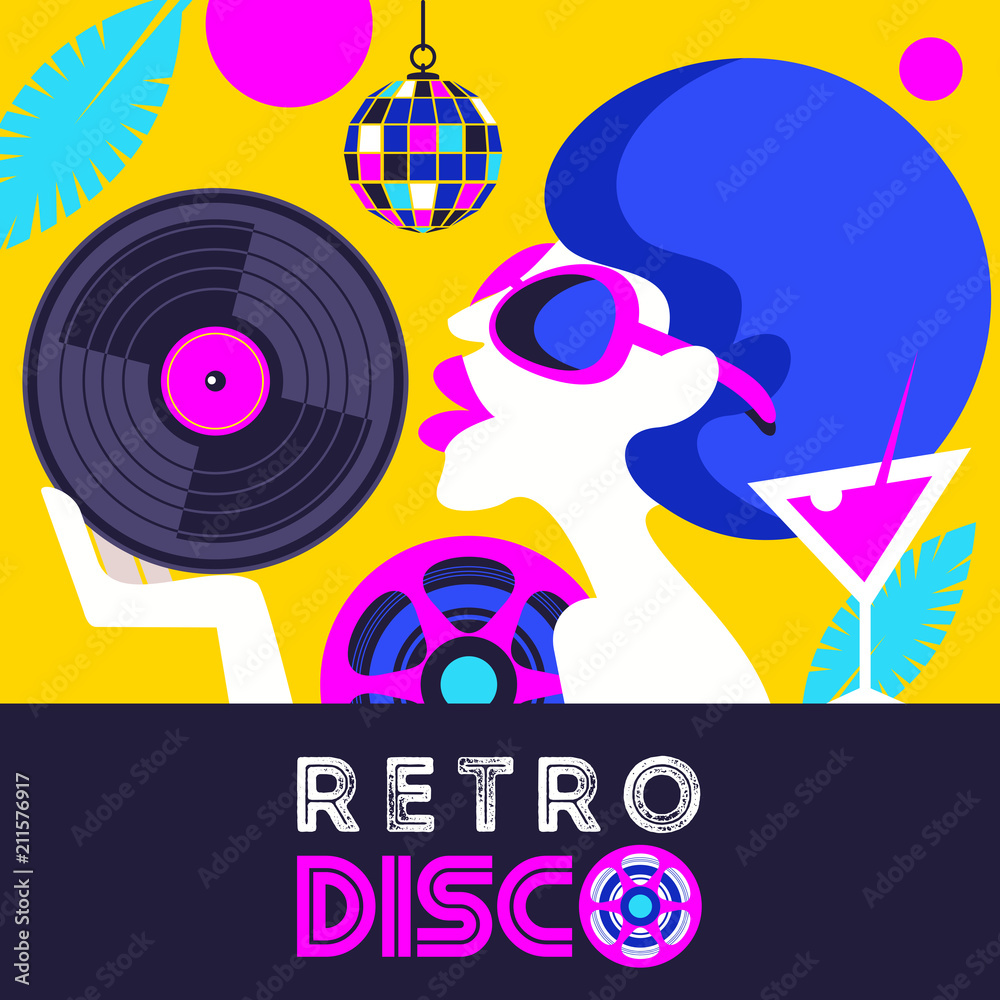 Obraz premium Retro disco party. Colorful vector illustration, poster.