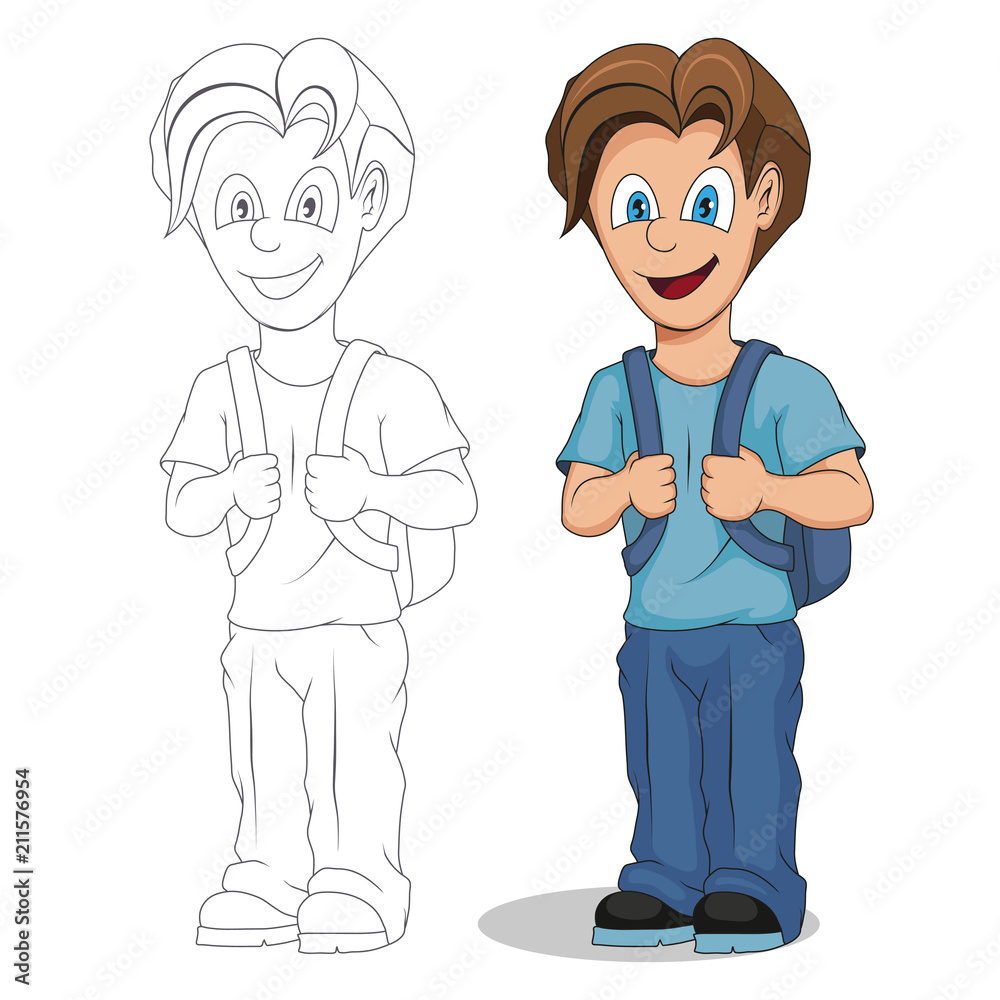 Back to School. Cartoon school boy. Hand drawing of student with a backpack. School kids concept. Happy school children in uniform. Vector graphics to design. Back to School. Cartoon school boy. Hand drawing of student with a backpack. School kids concept. Happy school children in uniform. Vector graphics to design.