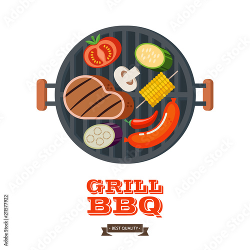 Barbecue, grill. Emblem, logo. Colorful vector illustration in flat style.