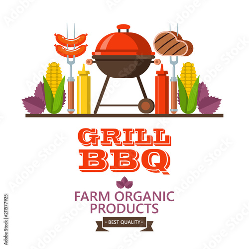 Barbecue, grill. Emblem, logo. Colorful vector illustration in flat style.