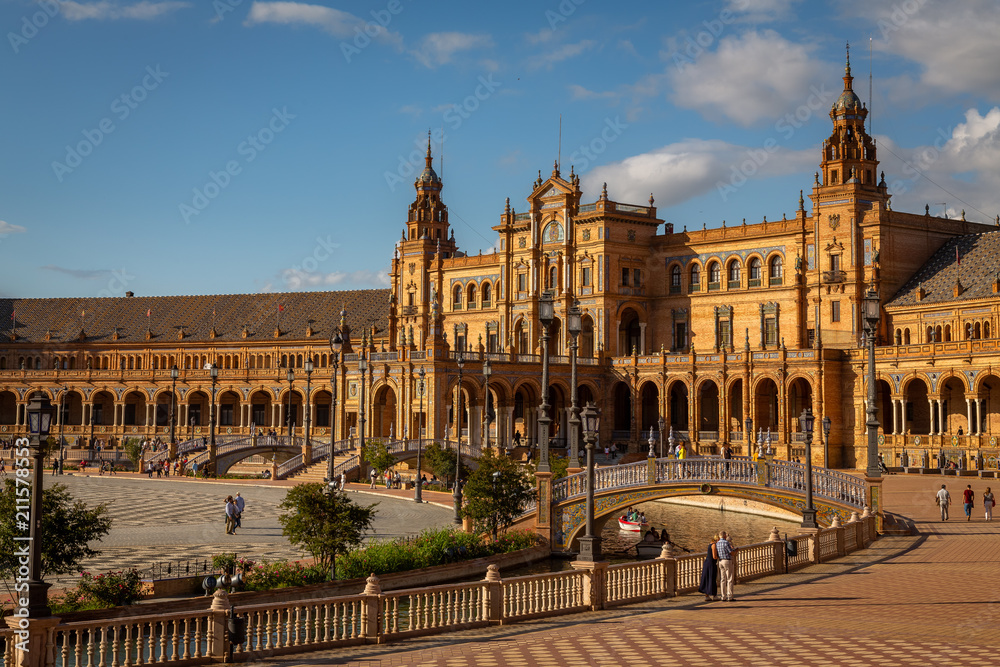 Exposure of the Plaza de España in Seville, Spain, during Springtime before sunset