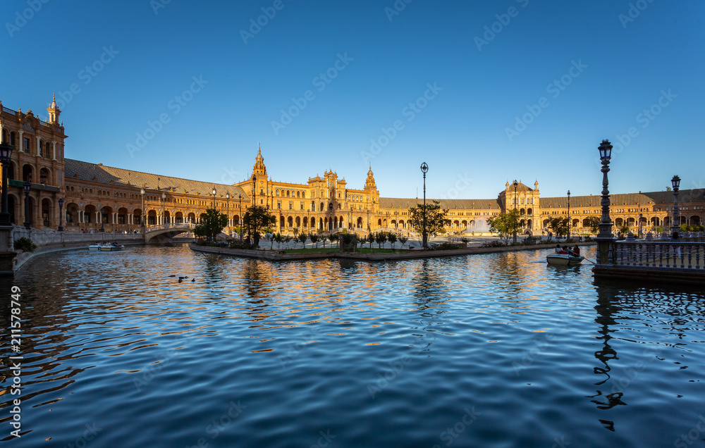 Exposure of the Plaza de España in Seville, Spain, during Springtime before sunset