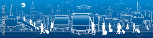 Transportation panoramic. Passengers enter and exit to the bus. Airport travel transportation infrastructure. The plane is on the runway. Night city on background, vector design art