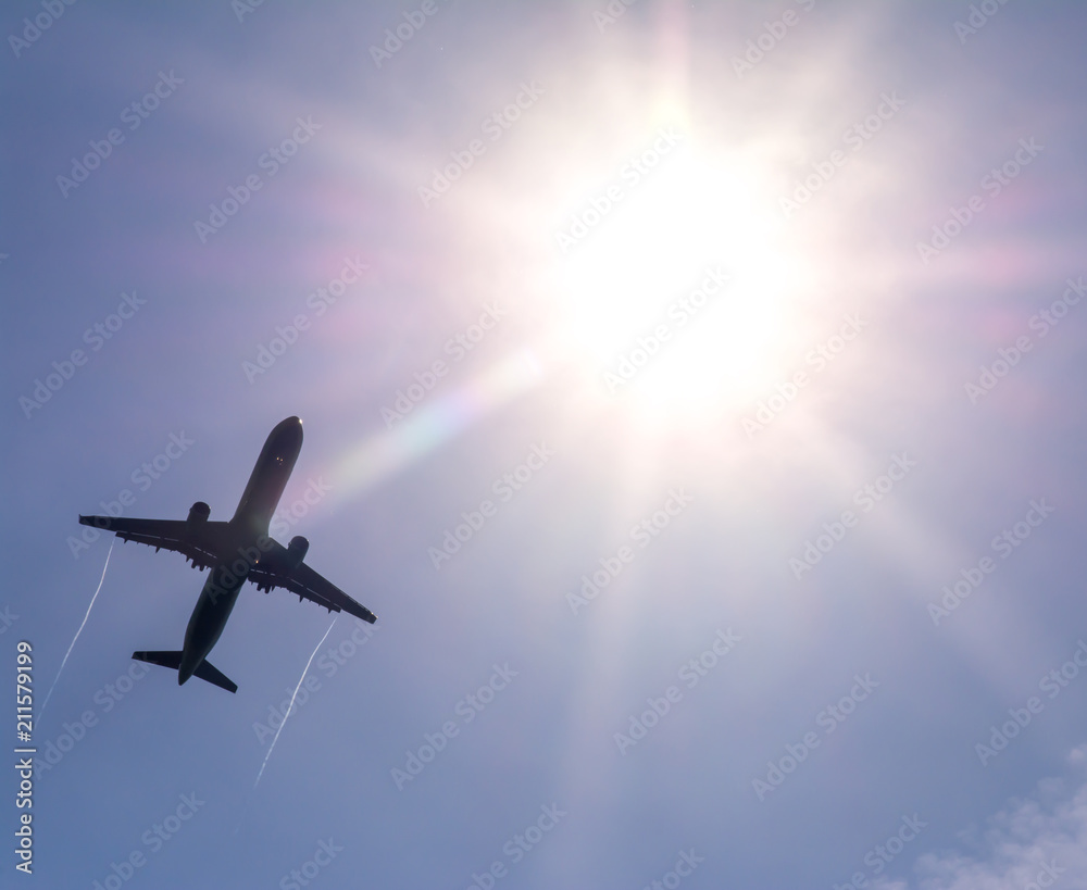 The plane flies in the sky against the sun.
The plane flies in the sky against the sun.
