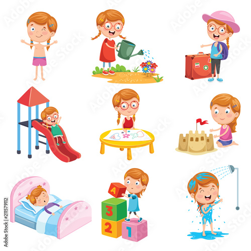 Vector Illustration Set Of Little Girl Daily Routines