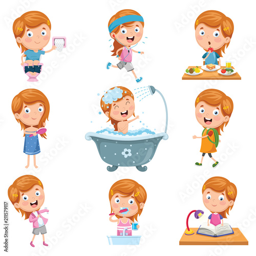 Vector Illustration Set Of Little Girl Daily Routines