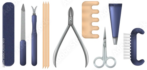 Set of realistic manicure objects. Mesh gradient object of scissors,nail file,clipper, polish, brush, cuticle nipper. Vector nail care collection. Spa salon. Vector illustration