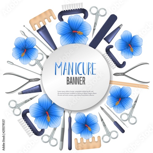 Round vector banner design with realistic manicure equipment. Mesh gradient object of scissors,nail file,polish,brush,cuticle nipper,orangewood stick. Nail care salon label. Vector illustration.
