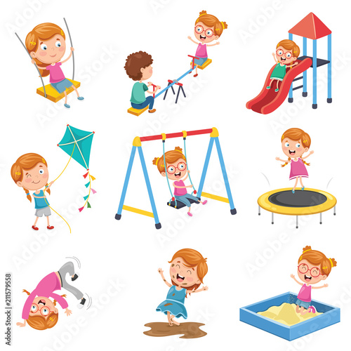 Vector Illustration Of Little Girl Playing At Park