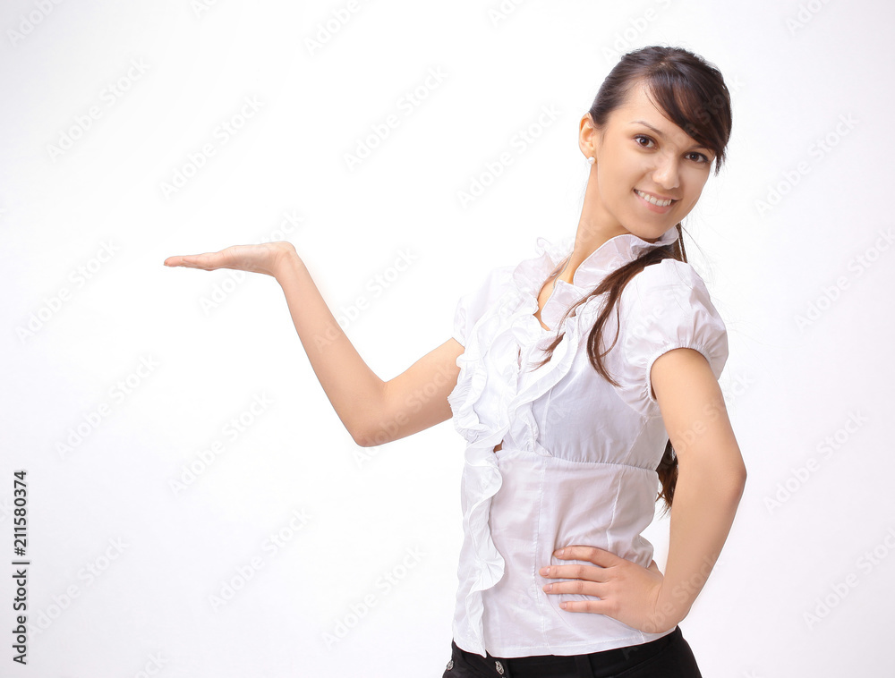 closeup.young business woman pointing at copy space closeup.young business woman pointing at copy space