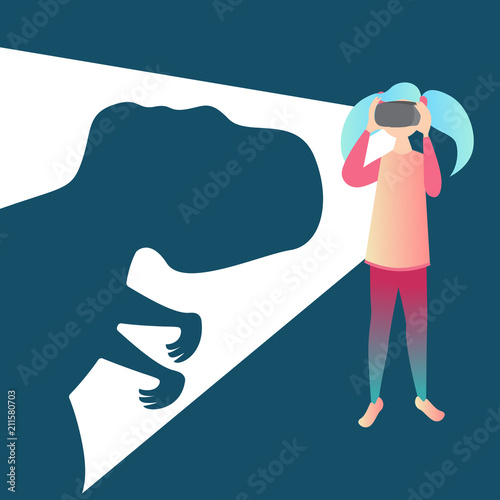 Girl wearing vr glasses looking at dinosaurus