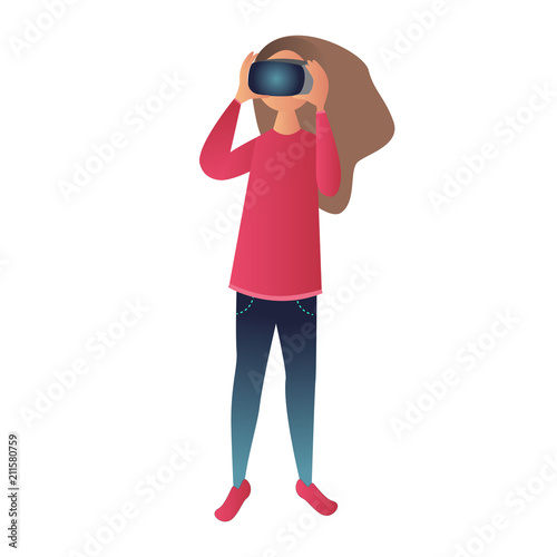 Girl wearing virtual realitu glasses on white