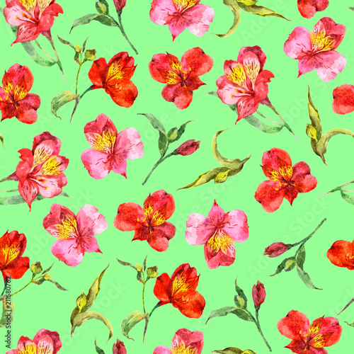 Seamless pattern from watercolor exotic red and pink orchids.