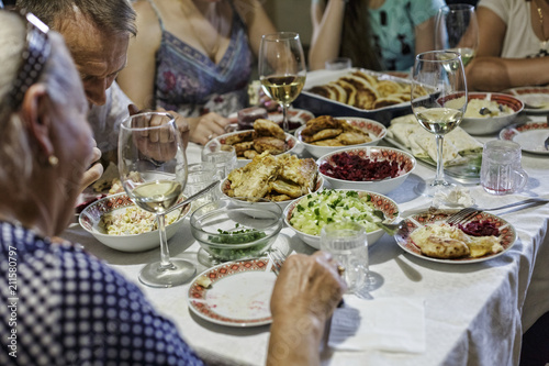 dinner, family, table, feast, food, gathering, group, meal, party, people, celebration, Birthday, Thanksgiving, Christmas, New Year, close up photo