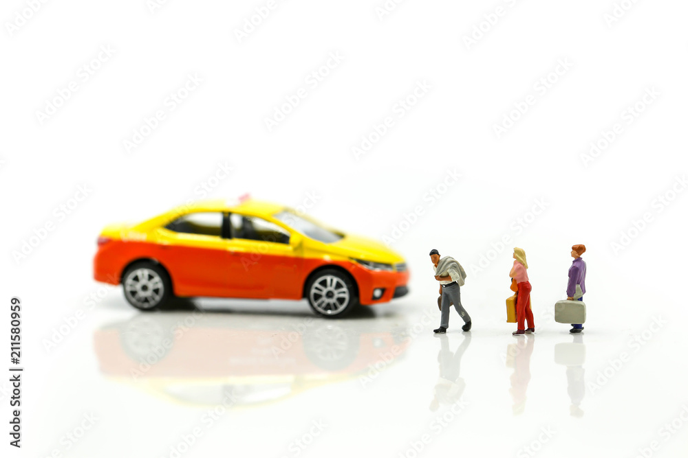 Miniature people : businessman and Traveler backpacking Calling Taxi ,business Travel concept.