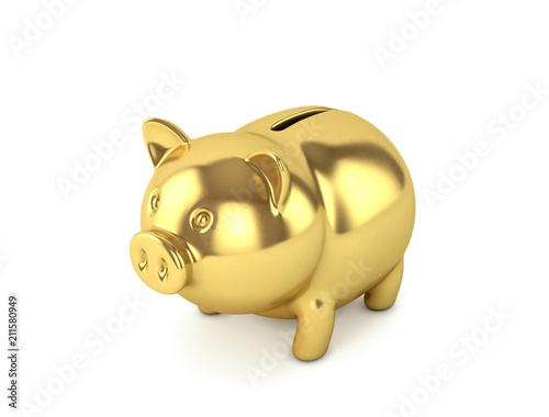 Gold piggy bank on the background. 3D illustration