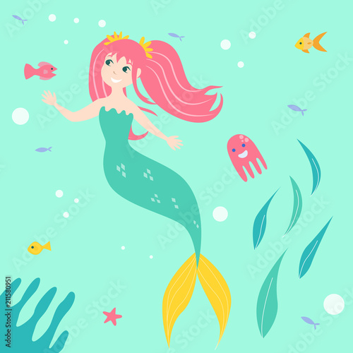 Little mermaid swimming with fishes