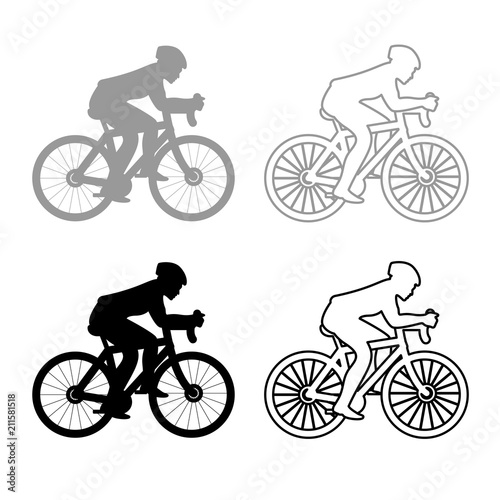Cyclist on bike silhouette icon outline set grey black color