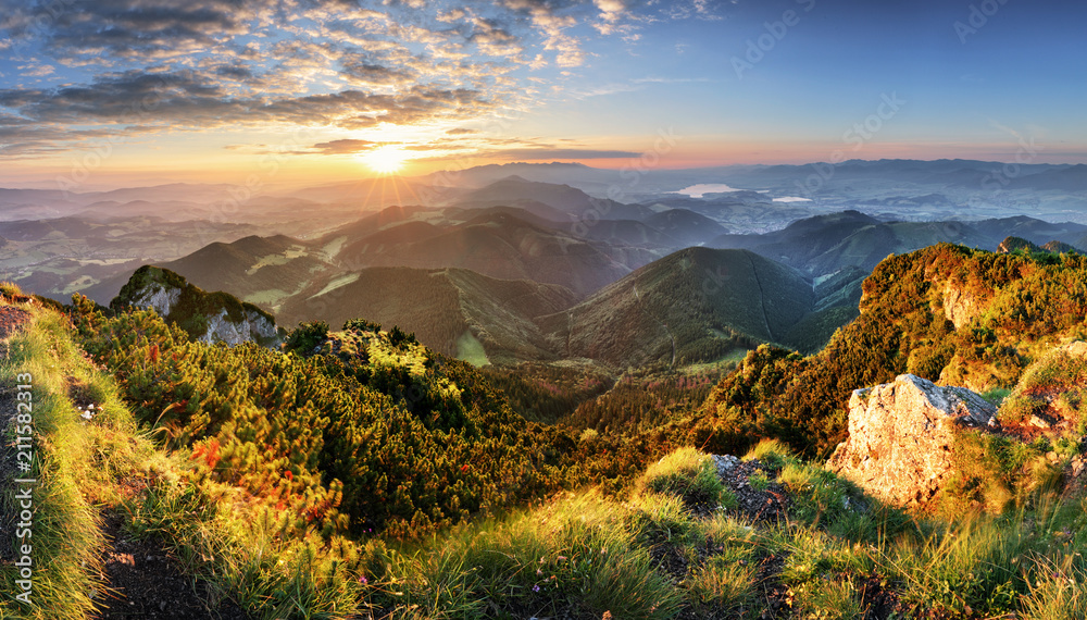 Obraz premium Krajobraz górski las pod wieczornym niebie z chmurami w słońcu.