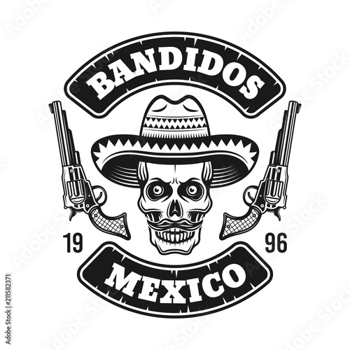 Mexican bandit emblem with skull in sombrero