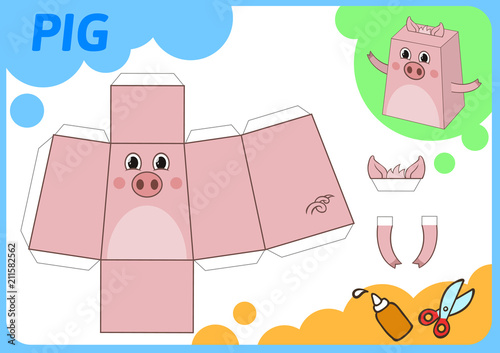Funny Pig paper model. Small home craft project, paper game. Cut out, fold and glue. Cutouts for children. Vector template.