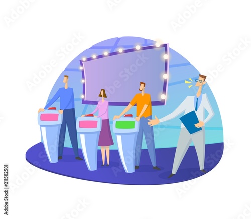 Quiz show TV-studio with host and contestants. Screen, stands and lights. Colorful flat vector illustration. Isolated on white background.