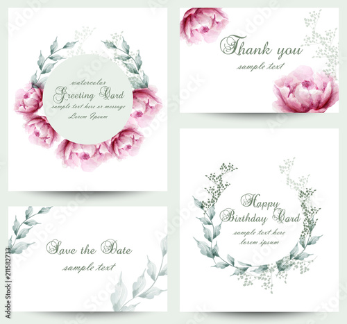Watercolor peony flowers blossom card set. Vintage greeting cards, wedding in...