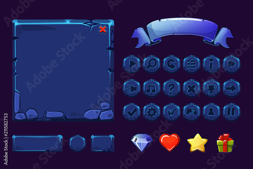 Big set Cartoon neon blue stone assets and buttons For Ui Game, GUI icons