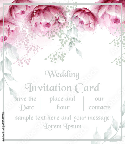 Watercolor peony flowers frame blossom card Vector. Vintage floral wedding invitation card. Summer peonies bouquets