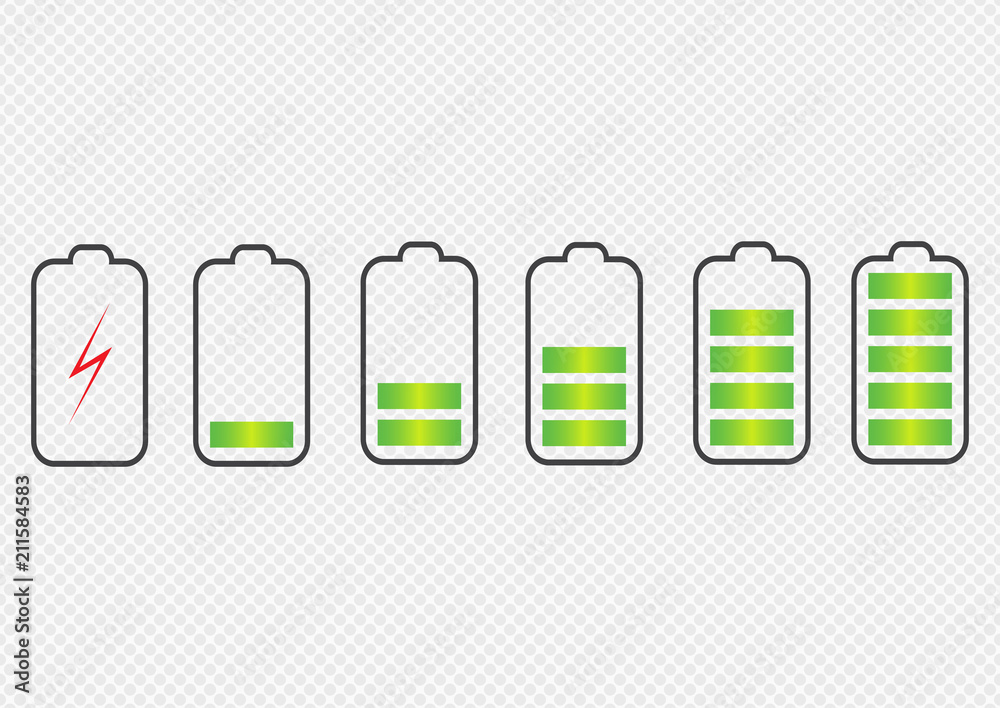 Vector illustration. Battery charge state indicator icons. Set with different levels of charge phone's battery. Vector illustration. Battery charge state indicator icons. Set with different levels of charge phone's battery.