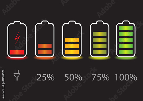 Vector illustration. Battery charge state indicator icons. Set with different levels of charge phone's battery.
