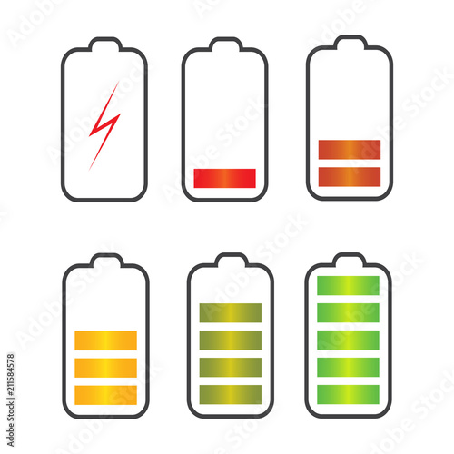 Vector illustration. Battery charge state indicator icons. Set with different levels of charge phone's battery.