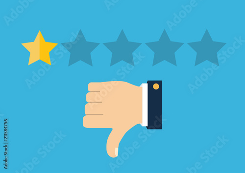 Customer review concept. Vector. Rating golden stars. Feedback, reputation and quality concept. Hand pointing, finger pointing to five star rating.