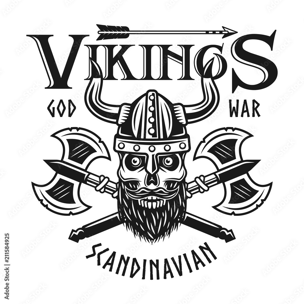 Vikings emblem or t-shirt print with bearded skull